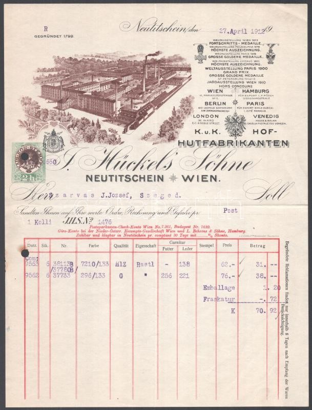 1912 Neutitschein - Wien, J. Hückel's Söhne K. u. K. Hof- Hutfabrikanten, udvari kalapgyártó fejléces számlája