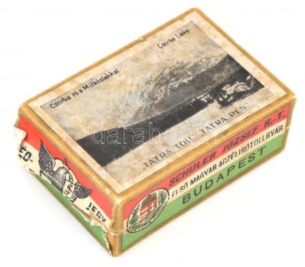 Schuler József Rt. 'Tátra toll' papírdobozba, rajta Csorba-tó Milkóslakkal, 4×6,5×2,5 cm