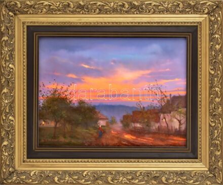 Deák B. Ferenc (1938-2004): Anyám szülőháza. Olaj, fa. Jelzett. Hátoldalán autográf felirattal. Dekoratív fakeretben. 30x40 cm