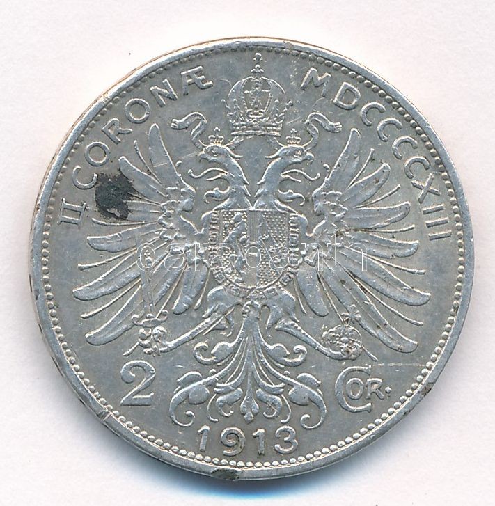 Ausztria 1913. 2K Ag 'Ferenc József' T:2 ph., fo., karc. Austria 1913. 2 Corona Ag 'Franz Joseph' C:XF edge error, spotted, scratch Krause KM#2821 - Image 2