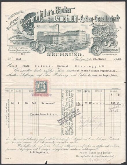 1927 Bp., Pester Müller und Bächer Dampfmühl fejléces számlája illetékbélyeggel, a gyár létképével