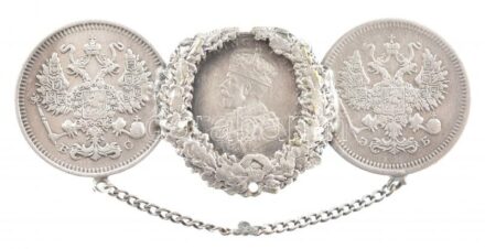 Brit-India 1917. 2A Ag 'V. György' + Orosz Birodalom 1907-1914. 10k Ag (2xklf) mindhárom érme összeforrasztva és brossá alakítva T:2 British India 1917. 2 Anna Ag 'George V' + Russian Empire 1907-1914. 10 Kopecks Ag (2xdiff) all three coins