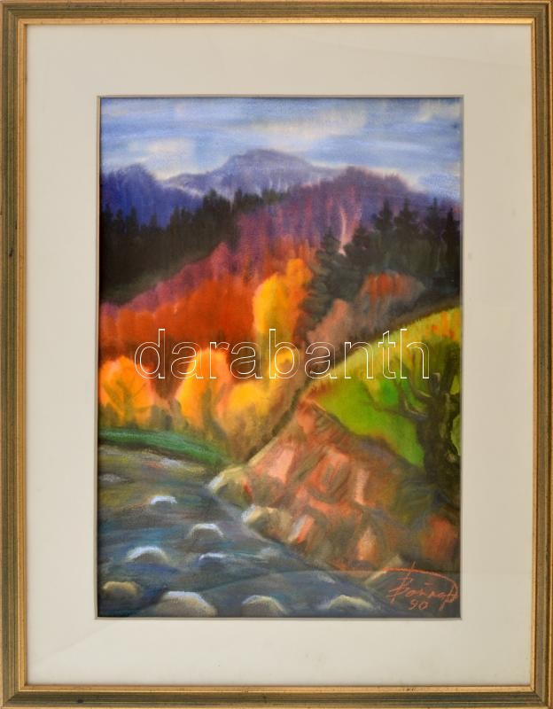 Olvashatatlan jelzéssel: Színes táj. Akvarell, papír. Dekoratív, üvegezett fakeretben.48x34 cm