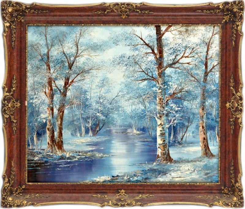 Olvashatatlan jelzéssel: Téli táj. Olaj, vászon. Dekoratív fakeretben. 50x60 cm