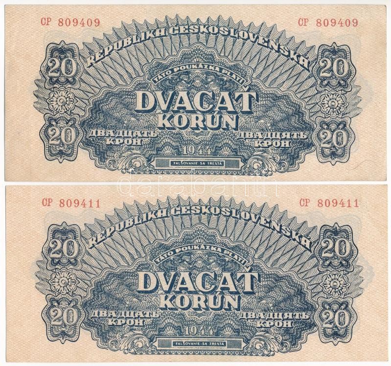 Csehszlovákia 1944. 20K (2x) egyugrásos sorszámkövetők 'CP 809409, CP 809411' T:I,I- Czechoslovakia 1944. 20 Korun (2x) almost consecutive serials 'CP 809409, CP 809411' C:UNC,AU Krause P#47