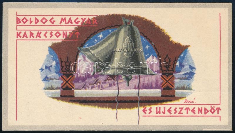 cca 1940 Bozó Gyula (1913-2004) grafikájával díszített, használatlan karácsonyi és újévi üdvözlőkártya, 6x12 cm