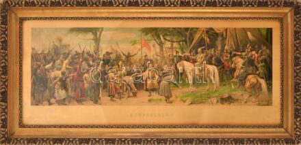 Munkácsy Mihály (1844-1900). Honfoglalás. Színes chromolitográfia, papír. Kiadta Könyves Kálmán Rt., 1905-10 körül. Lap széle kissé foltos. Üvegezett, dekoratív fa keretben. 28x87 cm