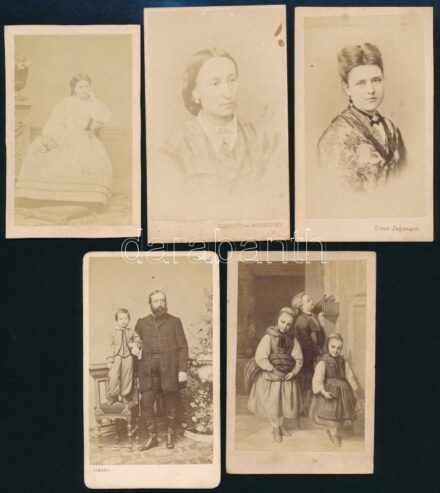 cca 1865-1875 Vegyes keményhátú portré és fénynyomat tétel, 5 db, 10,5×6,5 cm