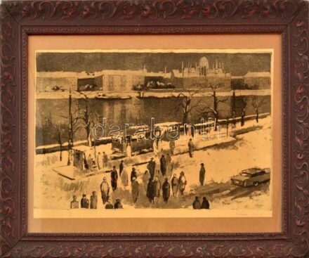 Kórusz József (1927-2010): Villamos végállomás a Margit hídnál, 1967. Rézkarc, papír, jelzett. Kissé foltos. Üvegezett, dekoratív, kissé sérült fakeretben, 29x49 cm