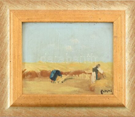 Petykó, Lujza (1896-1931): Aratók. Olaj, karton, jelzett. Dekoratív fakeretben. 10×12,5 cm