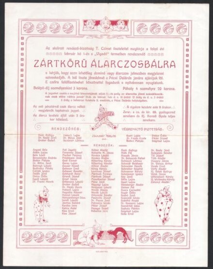 1908 Pécs, 'Vigadó' termeiben rendezendő zártkörü álarcosbál meghívója, elnök: Zsolnay Miklós, Pécs, Taizs József-ny., szecessziós illusztrációkkal, hajtott.