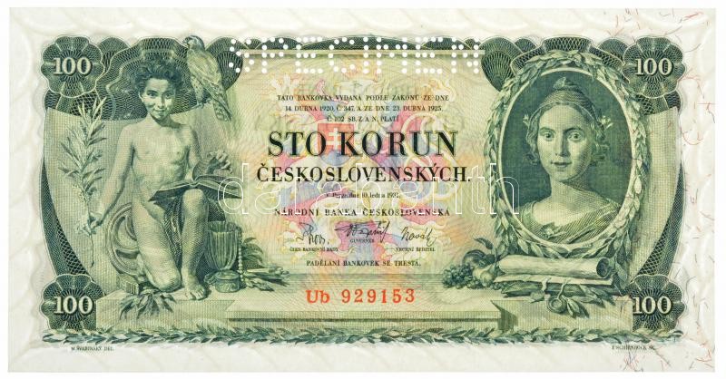 Csehszlovákia 1931. 100K 'SPECIMEN (MINTA)' perforációval 'Ub 929153' T:I,I- / Czechoslovakia 1931. 100 Korun with 'SPECIMEN' perforation 'Ub 929153' C:UNC,AU Krause P#23.s