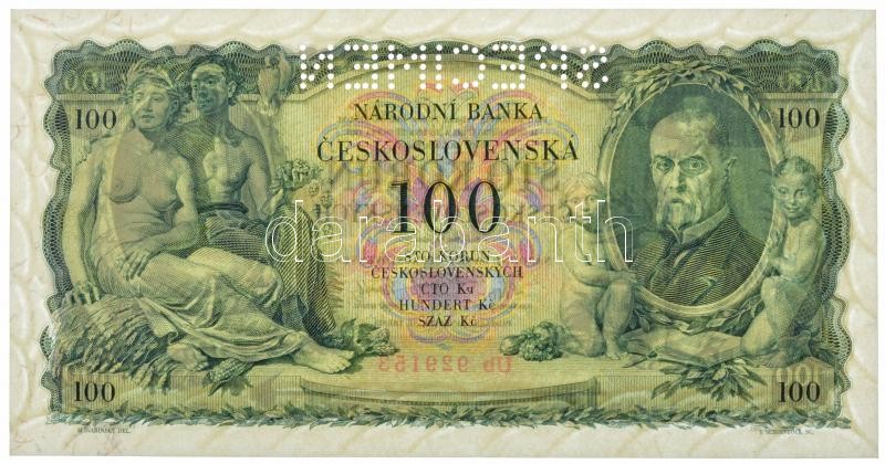 Csehszlovákia 1931. 100K 'SPECIMEN (MINTA)' perforációval 'Ub 929153' T:I,I- / Czechoslovakia 1931. 100 Korun with 'SPECIMEN' perforation 'Ub 929153' C:UNC,AU Krause P#23.s - Image 2