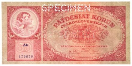 Csehszlovákia 1929. 50K 'SPECIMEN (MINTA)' perforációval 'Ab 179676' T:II bal felső saroknál nagyobb hajlás / Czechoslovakia 1929. 50 Korun with 'SPECIMEN' perforation 'Ab 179676' C:XF large corner fold at the upper left corner Krause P#22.s