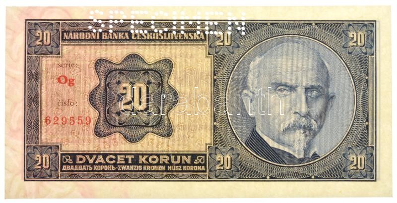 Csehszlovákia 1926. 20K 'SPECIMEN' perforációval 'Og 629559' T:I- / Czechoslovakia 1926. 20 Korun with 'SPECIMEN' perforation 'Og 629559' C:AU Krause P#21.s