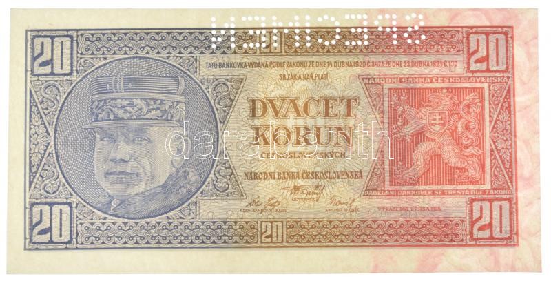 Csehszlovákia 1926. 20K 'SPECIMEN' perforációval 'Og 629559' T:I- / Czechoslovakia 1926. 20 Korun with 'SPECIMEN' perforation 'Og 629559' C:AU Krause P#21.s - Image 2