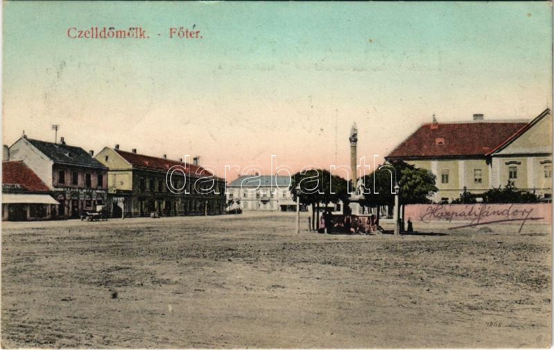1908 Celldömölk, Fő tér, Szentháromság szobor, Blettler Pál, Landler Samu, Donáth üzlete. Szagan János kiadása