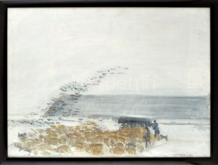 Horváth János (1930-): Juhhodály télen. Tempera, farost. Jelezve jobbra lent, hátoldalán autográf felirattal és Képcsarnok Vállalat töredékes címkéjével. Üvegezett fakeretben. 58×78 cm