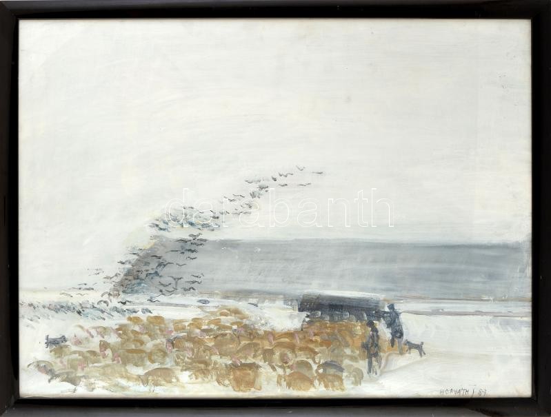 Horváth János (1930-): Juhhodály télen. Tempera, farost. Jelezve jobbra lent, hátoldalán autográf felirattal és Képcsarnok Vállalat töredékes címkéjével. Üvegezett fakeretben. 58×78 cm
