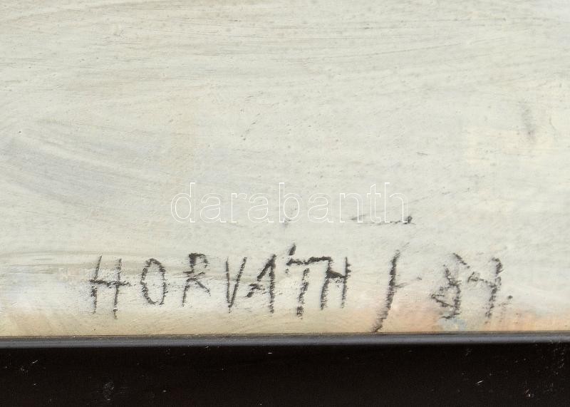 Horváth János (1930-): Juhhodály télen. Tempera, farost. Jelezve jobbra lent, hátoldalán autográf felirattal és Képcsarnok Vállalat töredékes címkéjével. Üvegezett fakeretben. 58×78 cm - Image 2