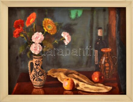 Schey Ferenc (1925-1997): Virágcsendélet. Olaj, farost. Jelezve jobbra lent, hátoldalán autográf felirattal és Képcsarnok Vállalat címkéjével. Fakeretben. 60×80 cm