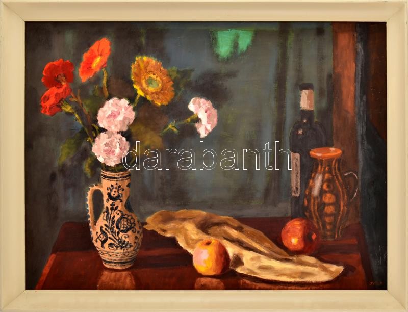 Schey Ferenc (1925-1997): Virágcsendélet. Olaj, farost. Jelezve jobbra lent, hátoldalán autográf felirattal és Képcsarnok Vállalat címkéjével. Fakeretben. 60×80 cm