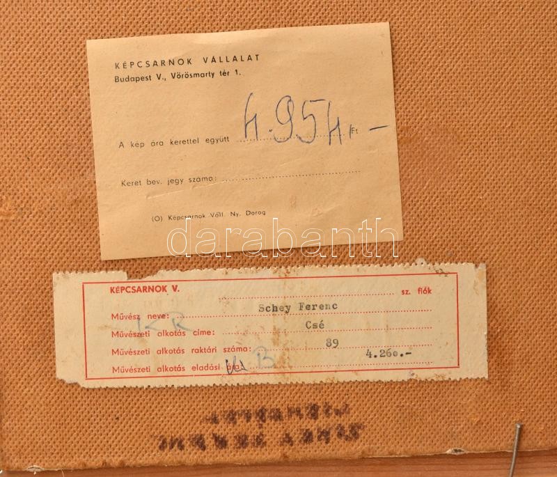 Schey Ferenc (1925-1997): Virágcsendélet. Olaj, farost. Jelezve jobbra lent, hátoldalán autográf felirattal és Képcsarnok Vállalat címkéjével. Fakeretben. 60×80 cm - Image 3
