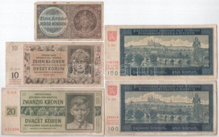Német Harmadik Birodalom / Cseh-Morva Protektorátus 1940. 1K + 1942. 10K + 1944. 20K + 1940. 100K (2x) T:III,III- German Third Reich / Protectorate of Bohemia and Moravia 1940. 1 Korun + 1942. 10 Korun + 1944. 20 Korun + 1940. 100 Korun (2x)