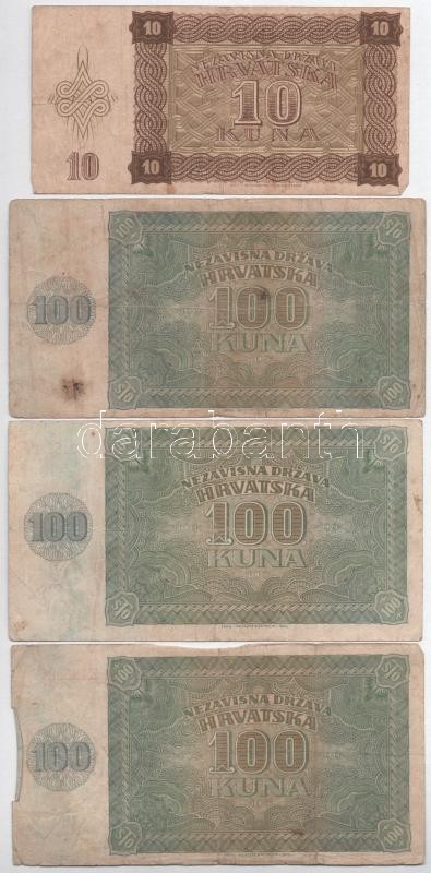 Horvátország 1941. 10K + 100K (3x) T:III,III- Croatia 1941. 10 Kuna + 100 Kuna (3x) C:F,VG Krause P#5, P#2 - Image 2