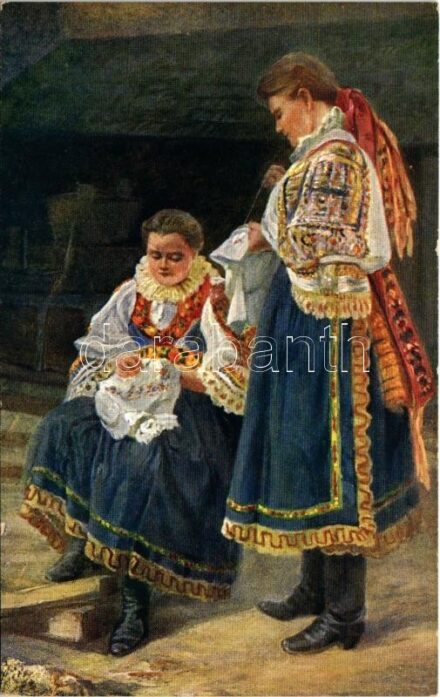 Pöstyén, Pistyan, Piestany; Volkstypen. Serie XX. Slovaken bei Piestan Nr. 4. Stickerinnen / Szlovák folklór, hímző asszonyok / Slovak folklore, making embroidery