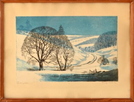 Csurgói Máté Lajos (1931-2001): Gesztenyefák. Színes rézkarc, papír, jelzett. Üvegezett fakeretben. 27x41 cm