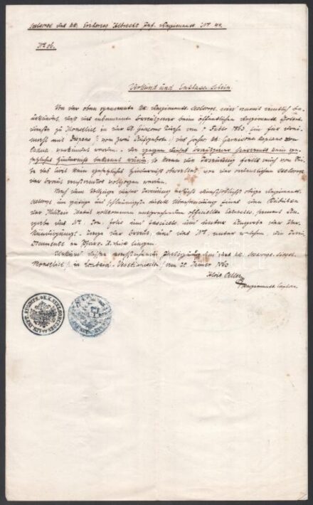 1860 Monselice (Olaszország), a Cs. és kir. Albrecht főherceg 44. gyalogezred (Erzherzog Albrecht Infanterie-Regiments No. 44.) parancsnoka által kiadott német nyelvű irat, egy kézzel írt oldal, az ezred bélyegzőjével + további két
