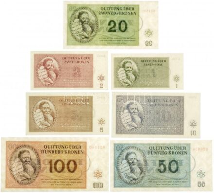 Német Harmadik Birodalom / Cseh-Morva Protektorátus / Theresienstadt gettó 1943. január 1. 1K 'A 004' + 2K 'A 005' + 5K 'A 009' + 10K 'A 008' + 20K 'L 021552' + 50K 'G 026934' + 100K 'K 021140' helyi pénz T:I / German Third Reich /