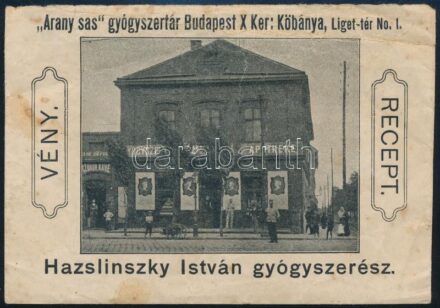 Kőbánya Hazslinszky István gyógyszertára receptboríték hiányos