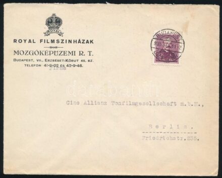 1935 Bp., Royal Filmszínházak Mozgóképüzemi Rt. fejléces borítékja, a berlini Cine-Allianz Tonfilm Gesellschaft (G.m.b.H.) részére címezve