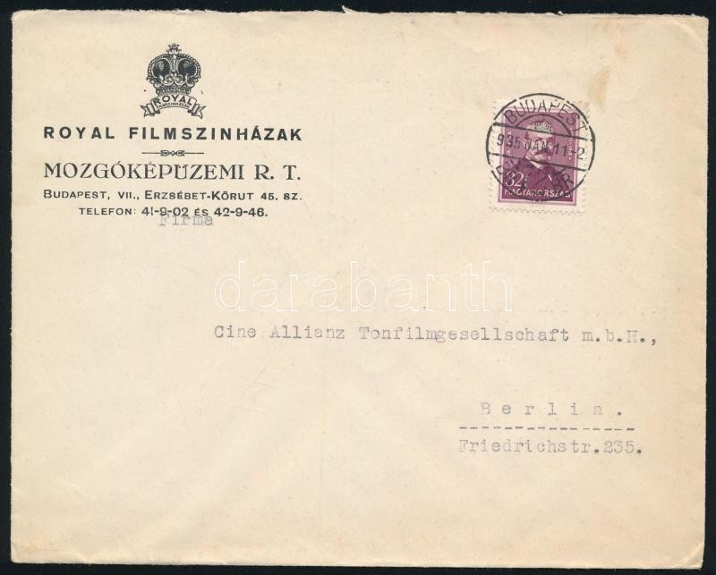 1935 Bp., Royal Filmszínházak Mozgóképüzemi Rt. fejléces borítékja, a berlini Cine-Allianz Tonfilm Gesellschaft (G.m.b.H.) részére címezve