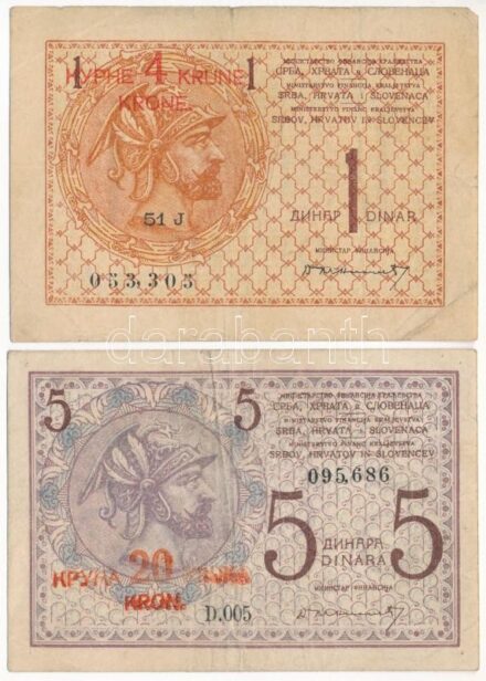 Szerb-Horvát-Szlovén Királyság 1919. 1D + 5D '20K' felülbélyegzéssel T:III,III- kis beszakadások, ly. Kingdom of the Serbs, Croats and Slovenes 1919. 1 Dinar + 5 Dinara with '20 Kronen' overprint C:F,VG small tears, holes