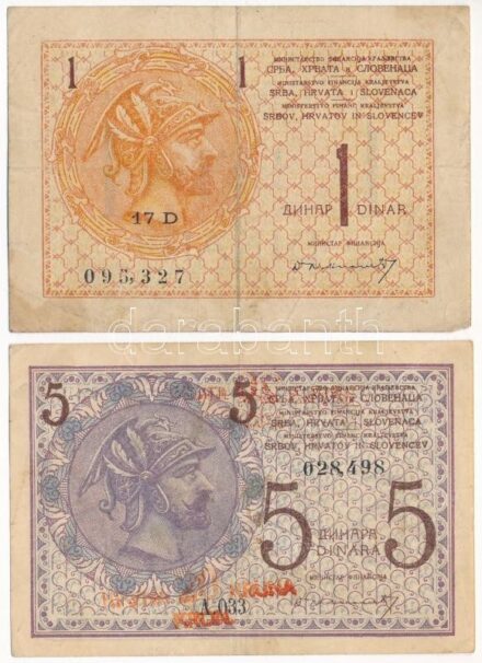 Szerb-Horvát-Szlovén Királyság 1919. 1D + 5D '20K' felülbélyegzéssel T:III,III- kis beszakadások Kingdom of the Serbs, Croats and Slovenes 1919. 1 Dinar + 5 Dinara with '20 Kronen' overprint C:F,VG small tears