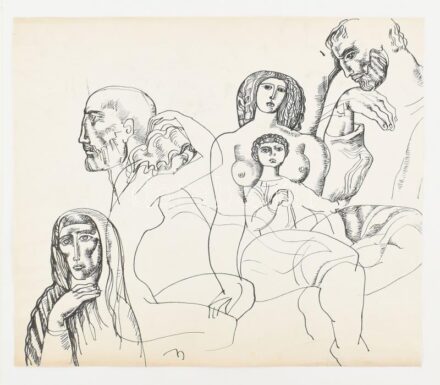 Jelzés nélkül, feltehetően magyar alkotó, XX. sz. második fele: Alakok (tanulmányrajz). Tus, papír, kartonra kasírozva. Lap alja kissé sérült, 35×41,5 cm