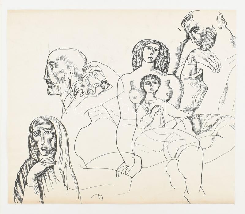 Jelzés nélkül, feltehetően magyar alkotó, XX. sz. második fele: Alakok (tanulmányrajz). Tus, papír, kartonra kasírozva. Lap alja kissé sérült, 35×41,5 cm