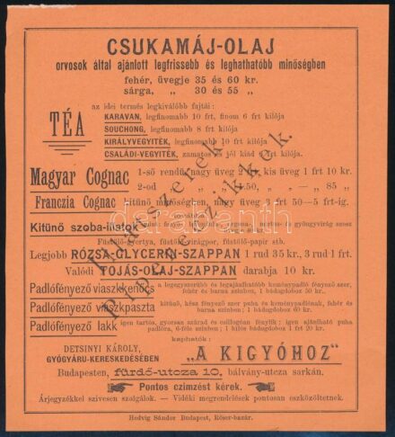 Detsinyi Károly Gyógyáru Kereskedése (gyógszertár) a 'Kígyóhoz' reklámlap