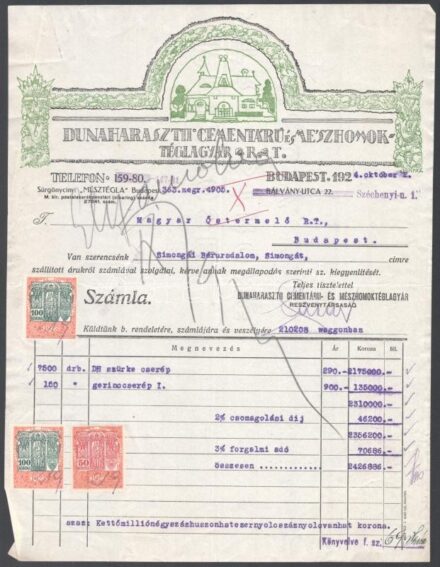 1924 Bp., Dunaharaszti Cementáru és Mészhomok téglagyár Rt. fejléces számla illetékbélyegekkel