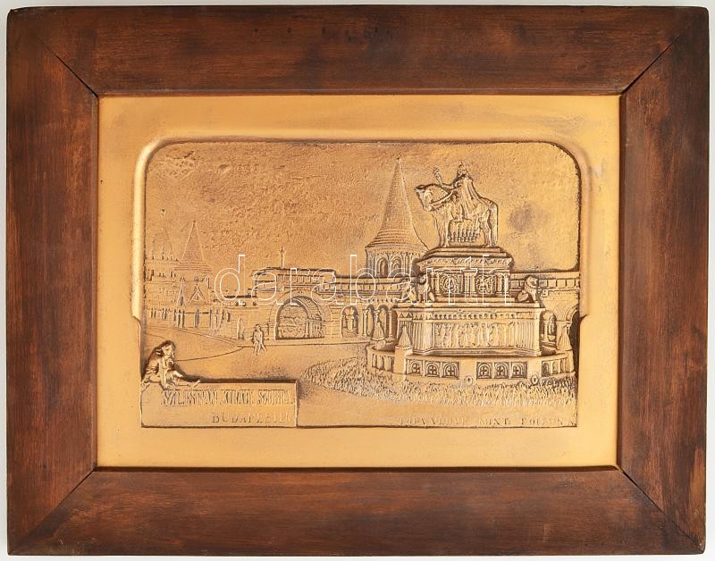 Foittin Nándor (működött 1900-1930 k.): Szt. István király szobra Budapesten. Dombormű, fémöntvény, jelzett, fakeretben, 23x32,5 cm