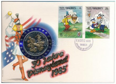 Maldív-szigetek 1985. 'Disneyland 30. évfordulója' fém emlékérem felbélyegzett borítékon, alkalmi bélyegzéssel, német nyelvű leírással T:1- patina Maldives 1985. '30th Anniversary of Disneyland' metal medallion in envelope with