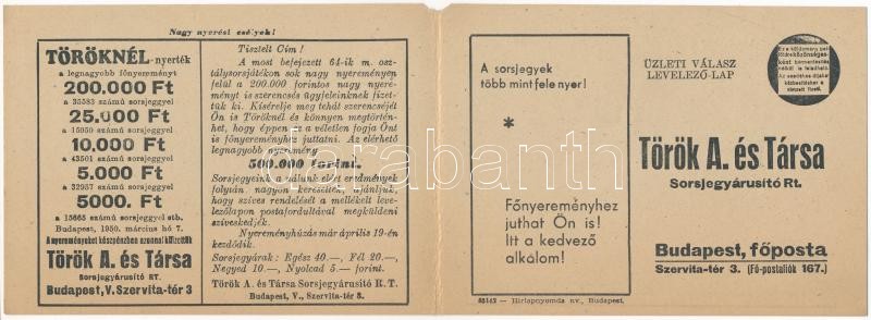 Török A. és Társa Sorsjegyárusító rt. kinyitható reklám képeslapja (EM)