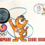 Dél-Korea 1982. 1000W Cu-Ni 'Szöuli Olimpiai Játékok 1988' bélyeges borítékban, bélyeggel és bélyegzéssel, német nyelvű leírással T:1 South Korea 1982. 1000 Won Cu-Ni 'Olympic Games 1988 in Seoul' in coin envelope with stamps and