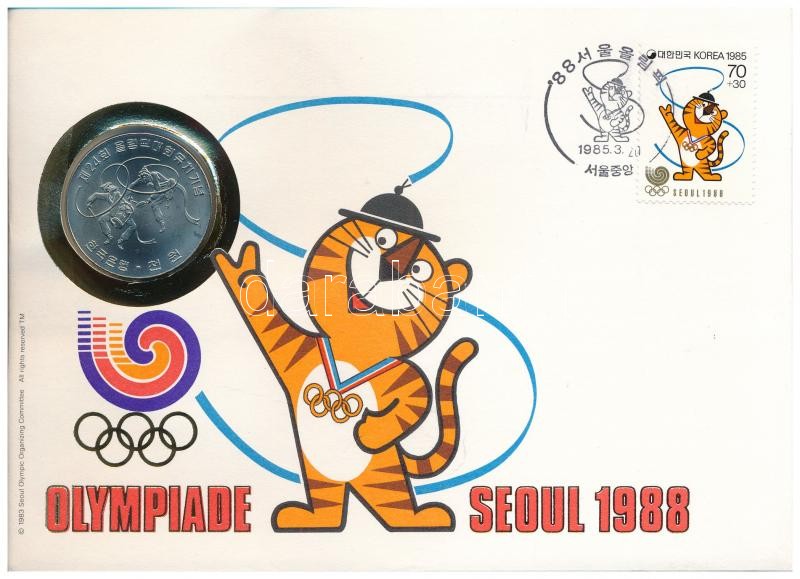 Dél-Korea 1982. 1000W Cu-Ni 'Szöuli Olimpiai Játékok 1988' bélyeges borítékban, bélyeggel és bélyegzéssel, német nyelvű leírással T:1 South Korea 1982. 1000 Won Cu-Ni 'Olympic Games 1988 in Seoul' in coin envelope with stamps and