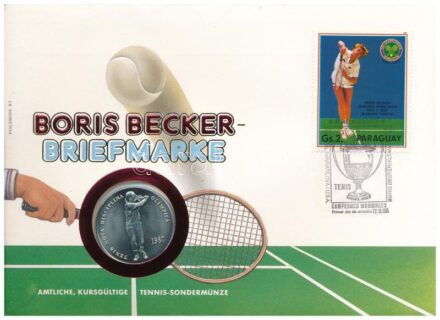 Andorra 1987. 2D Cu-Ni 'Olimpia - Tenisz, Boris Becker' érmés, bélyeges borítékban, paraguayi bélyeggel, elsőnapi bélyegzővel T:1 Andorra 1987. 2 Diners Cu-Ni 'Olympics-Tennis, Boris Becker' coin letter with Paraguayan first day of issue
