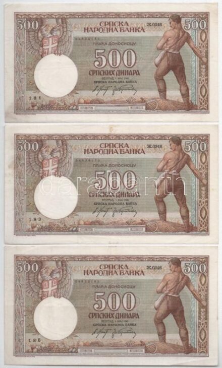 Szerbia 1942. 500D (3x, egyugrásos sorszámkövetők) + 1942. 1000D (3x, ebből 2db közeli sorszám) T:II-III Serbia 1942. 500 Dinara (3x, one leap consecutive serials) + 1942. 1000 Dinara (3x, 2pcs with close serials) C:XF-F