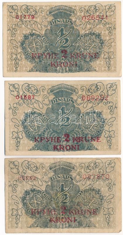 Szerb-Horvát-Szlovén Királyság 1919. 1/2D piros '2K' felülbélyegzéssel (3x) T:III,III- Kingdom of the Serbs, Croats and Slovenes 1919. 1/2 Dinar with red '2 Kronen' overprint (3x) C:F,VG Krause P#14